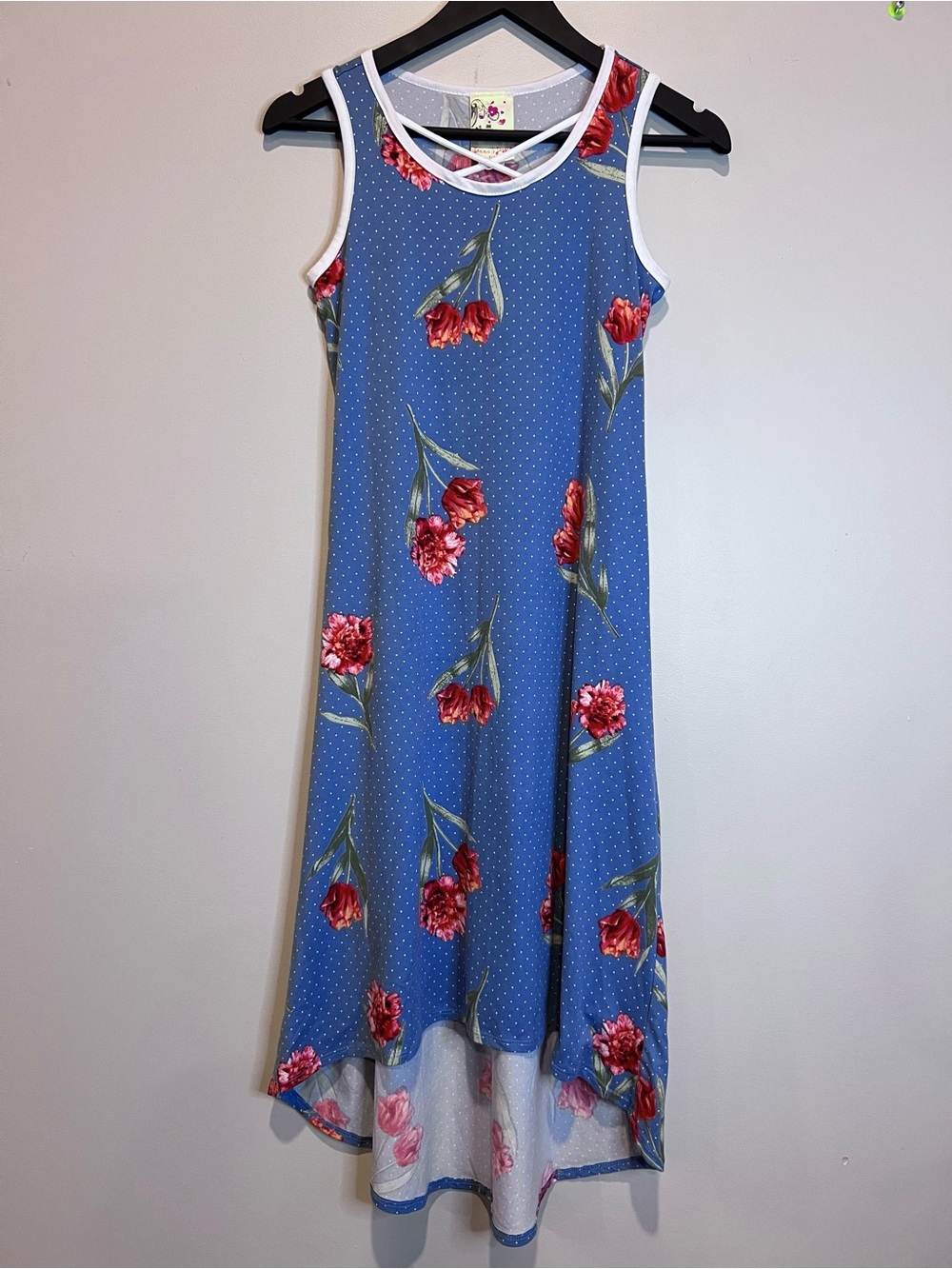 Jenna & Jesse Floral High Low Midi Dress Blue Red Womens Size 12